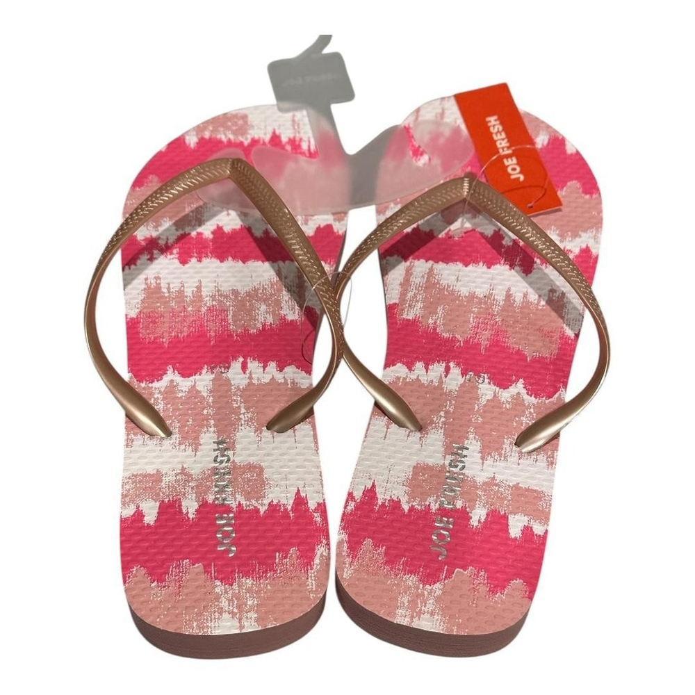 Joe Fresh Flip Flop Sandals Womens Size 10 Pink Stripe Gold Shoes Beach Casual - Picture 5 of 7